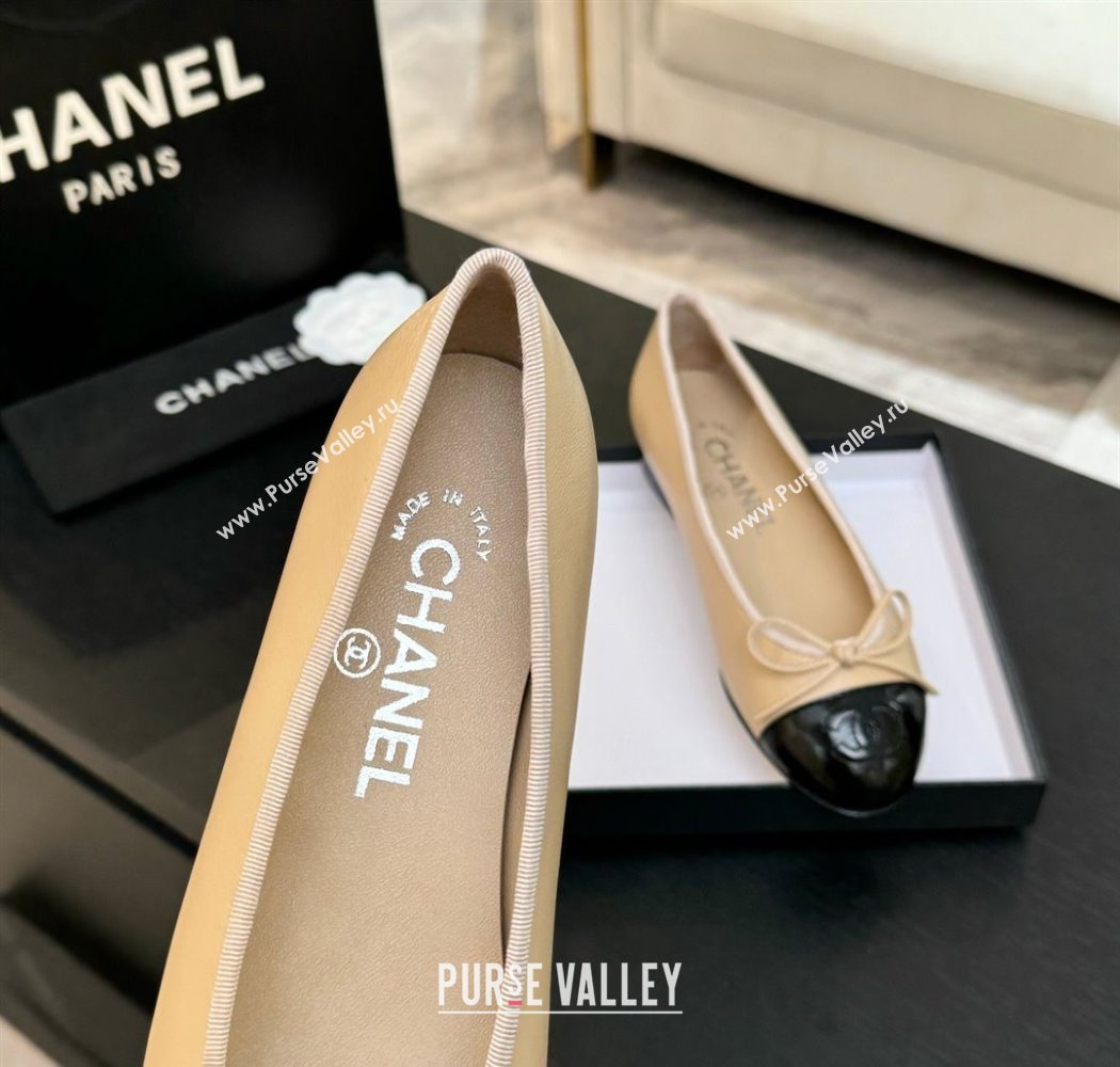 Chanel Classic Lambskin Patent Calfskin Ballet Flats with Bow Beige 2025 0901 (MD-250901022)