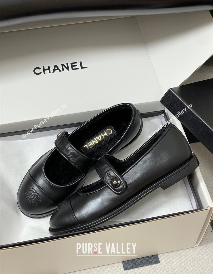 Chanel Calfskin Wool Lining Mary Janes Ballet Flats Black 2025 CH090106 (MD-250901077)