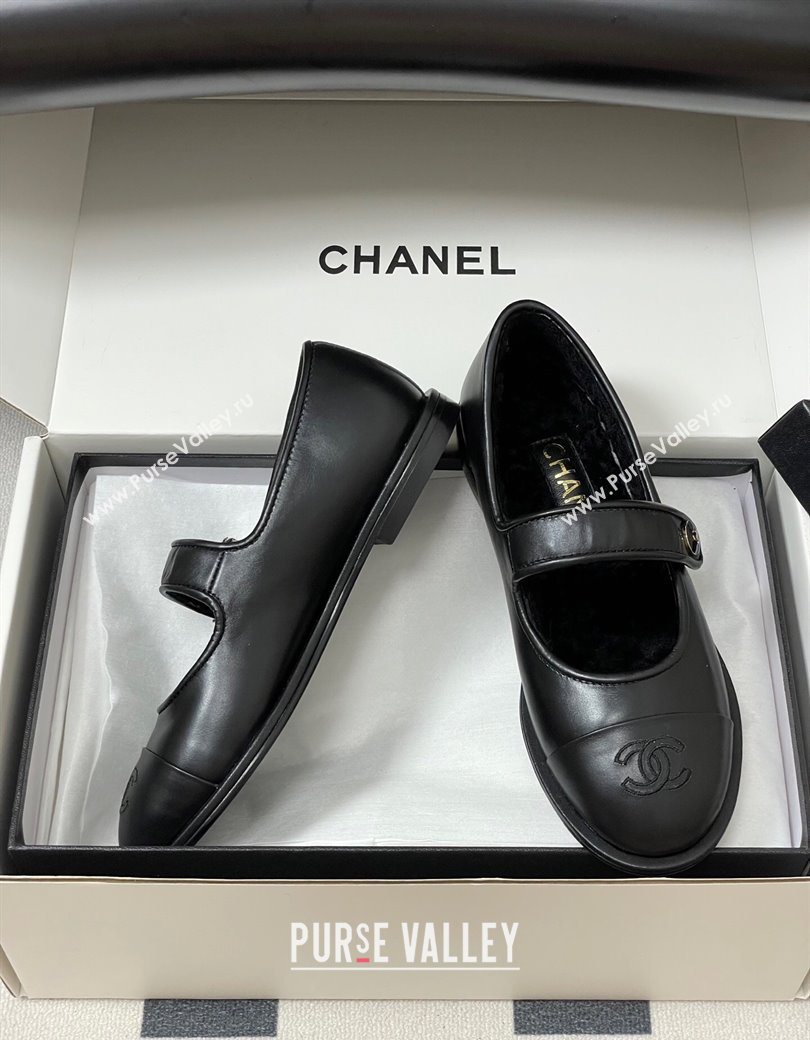 Chanel Calfskin Wool Lining Mary Janes Ballet Flats Black 2025 CH090106 (MD-250901077)