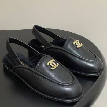 Chanel Calfskin Shearling Lining Slingback Flat Loafers Black 2025 CH090107 (MD-250901081)