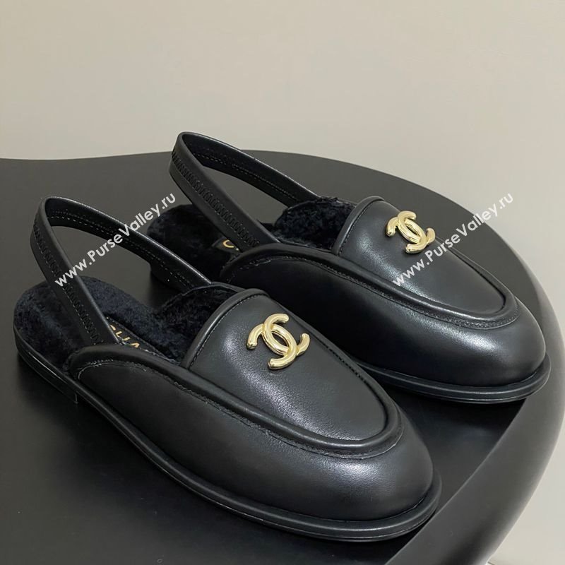 Chanel Calfskin Shearling Lining Slingback Flat Loafers Black 2025 CH090107 (MD-250901081)