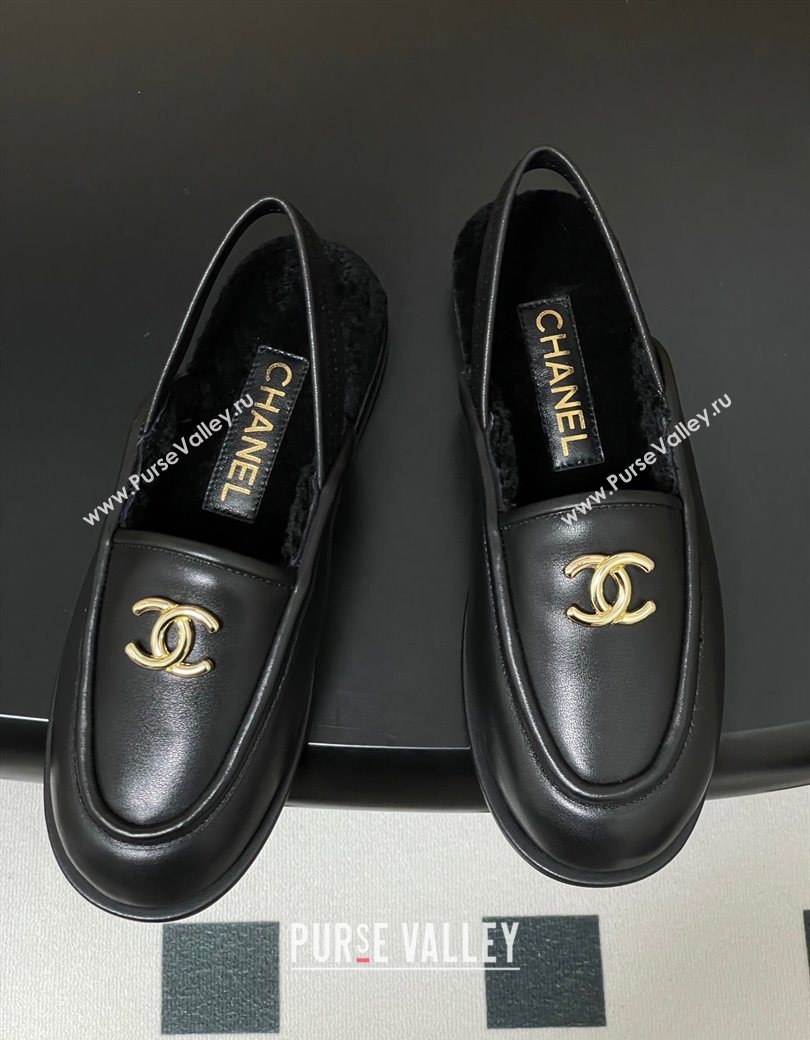 Chanel Calfskin Shearling Lining Slingback Flat Loafers Black 2025 CH090107 (MD-250901081)