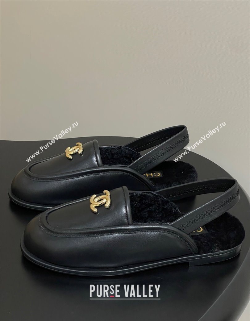 Chanel Calfskin Shearling Lining Slingback Flat Loafers Black 2025 CH090107 (MD-250901081)