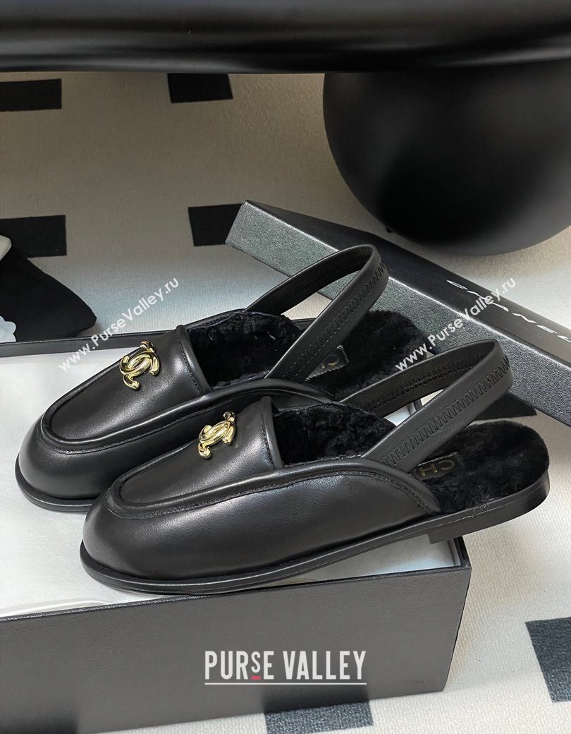 Chanel Calfskin Shearling Lining Slingback Flat Loafers Black 2025 CH090107 (MD-250901081)