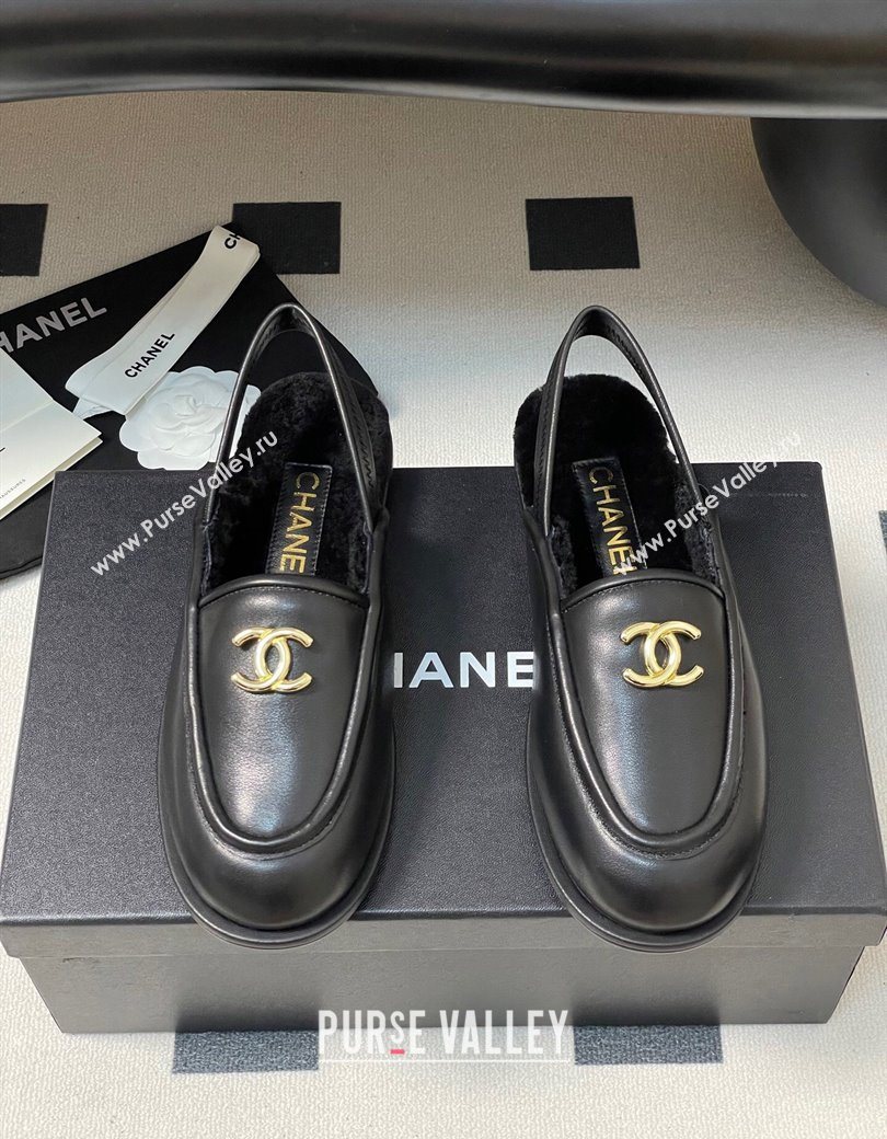 Chanel Calfskin Shearling Lining Slingback Flat Loafers Black 2025 CH090107 (MD-250901081)