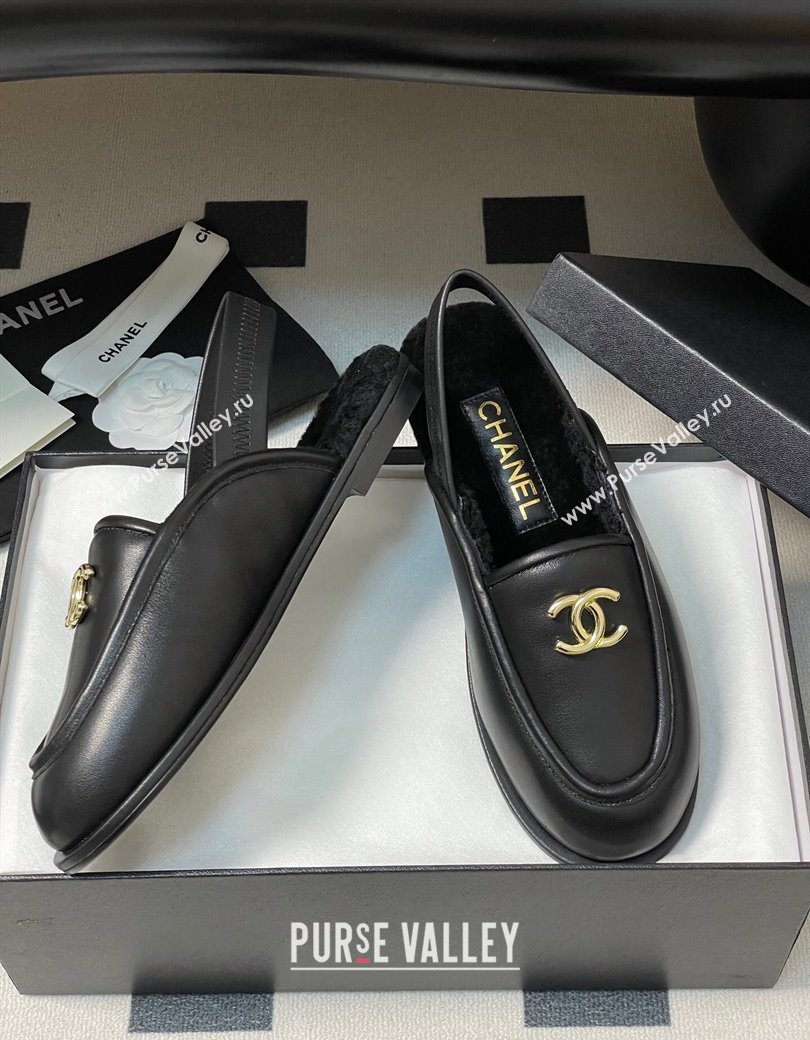 Chanel Calfskin Shearling Lining Slingback Flat Loafers Black 2025 CH090107 (MD-250901081)