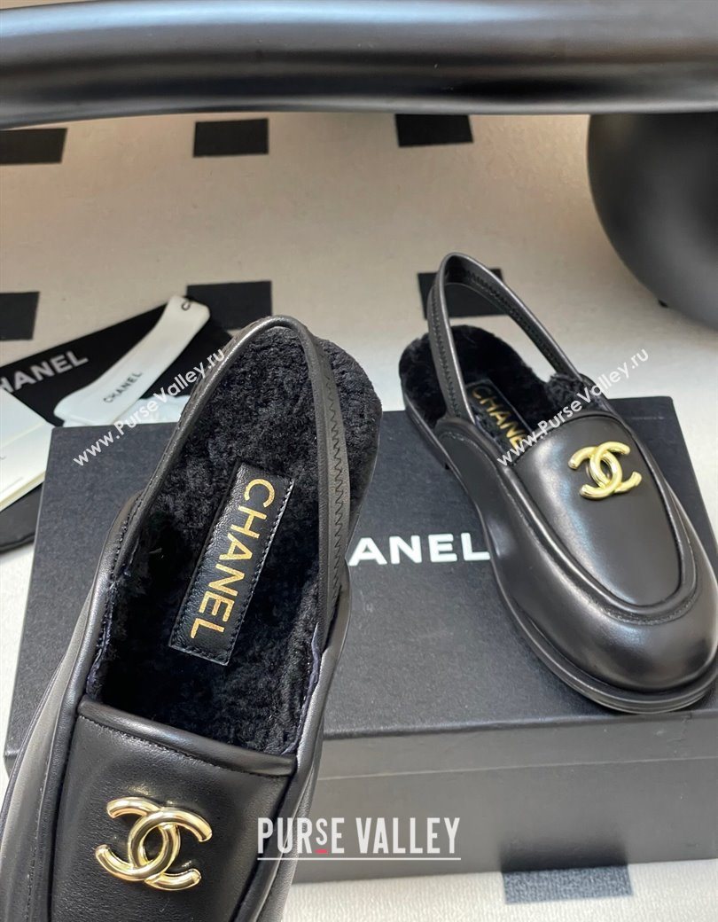 Chanel Calfskin Shearling Lining Slingback Flat Loafers Black 2025 CH090107 (MD-250901081)