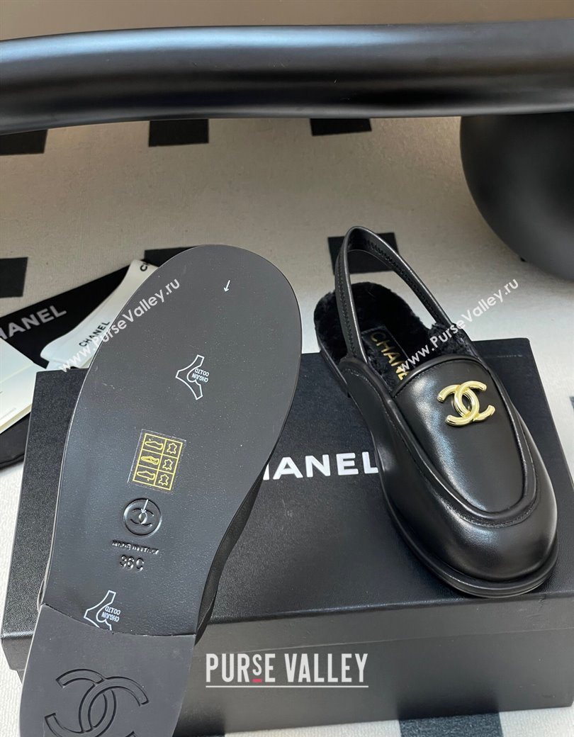 Chanel Calfskin Shearling Lining Slingback Flat Loafers Black 2025 CH090107 (MD-250901081)
