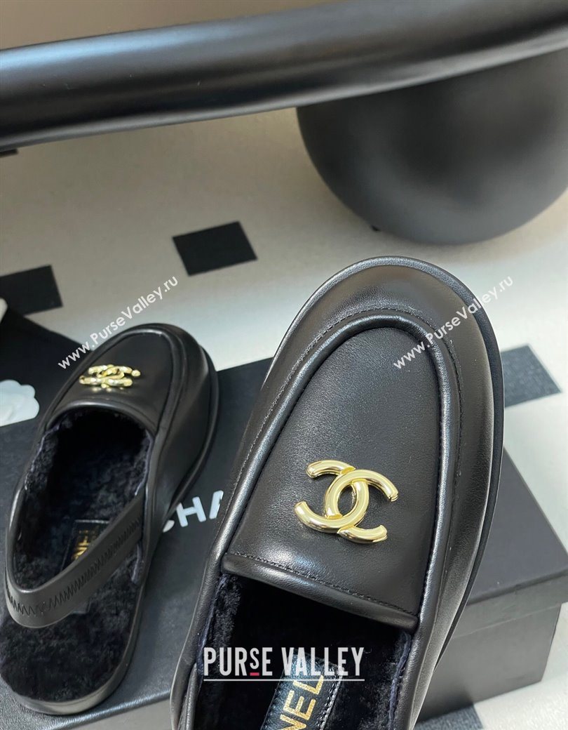 Chanel Calfskin Shearling Lining Slingback Flat Loafers Black 2025 CH090107 (MD-250901081)