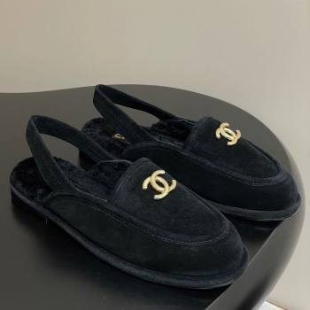 Chanel Suede Shearling Lining Slingback Flat Loafers Black 2025 CH090107 (MD-250901082)