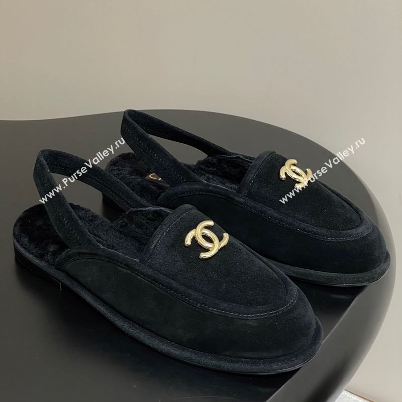 Chanel Suede Shearling Lining Slingback Flat Loafers Black 2025 CH090107 (MD-250901082)