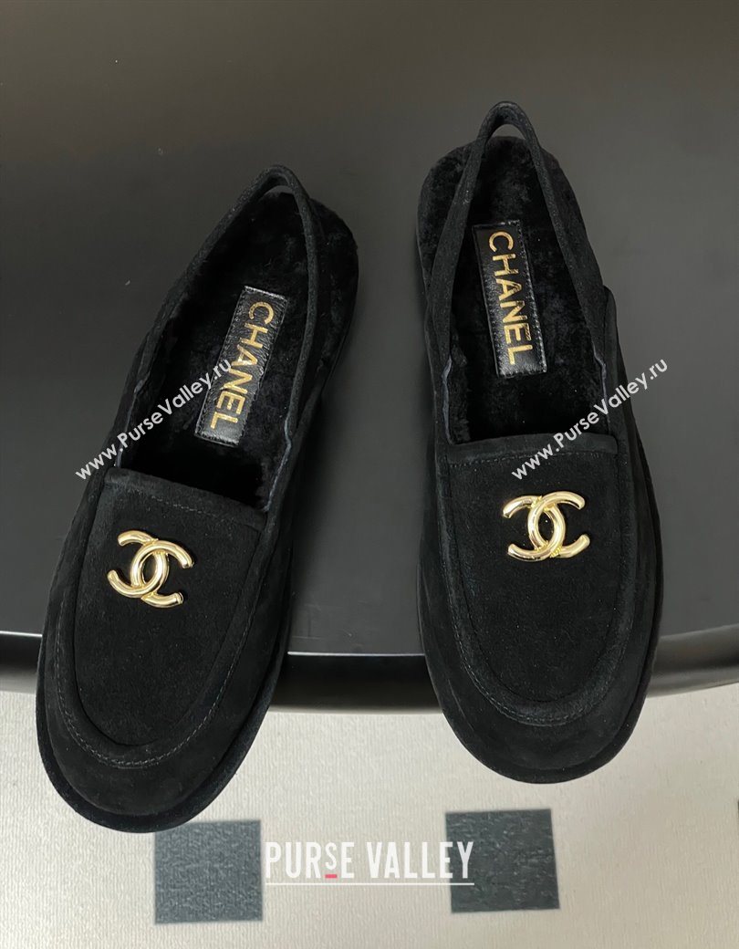 Chanel Suede Shearling Lining Slingback Flat Loafers Black 2025 CH090107 (MD-250901082)