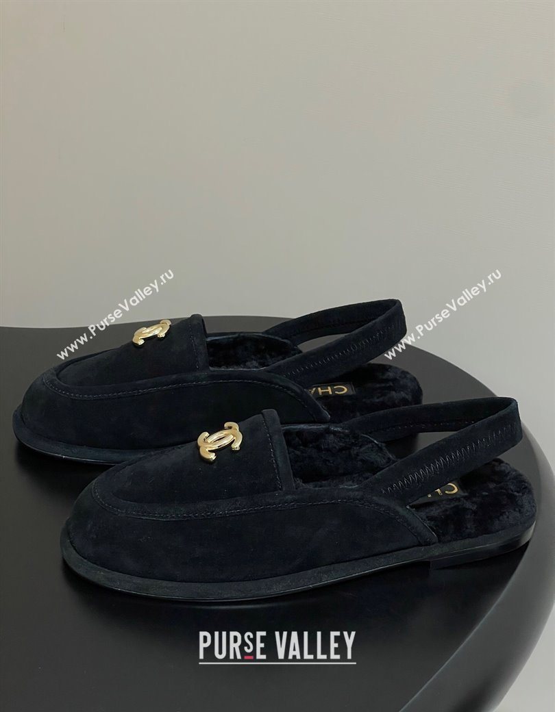 Chanel Suede Shearling Lining Slingback Flat Loafers Black 2025 CH090107 (MD-250901082)