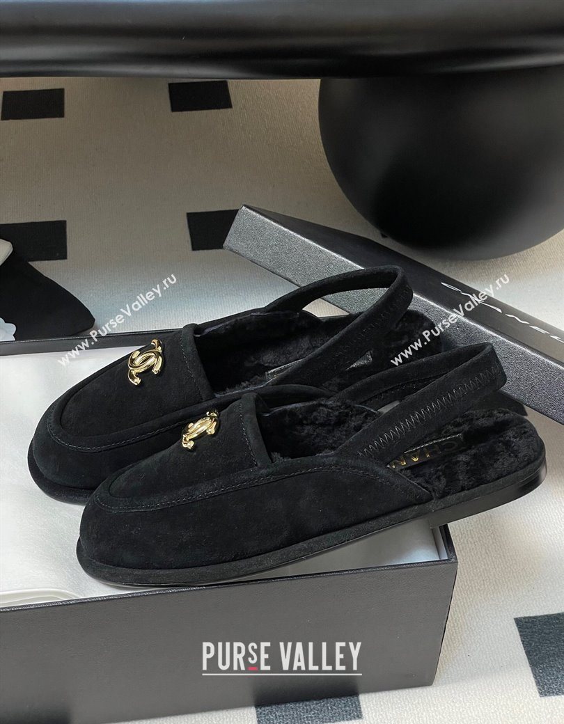 Chanel Suede Shearling Lining Slingback Flat Loafers Black 2025 CH090107 (MD-250901082)