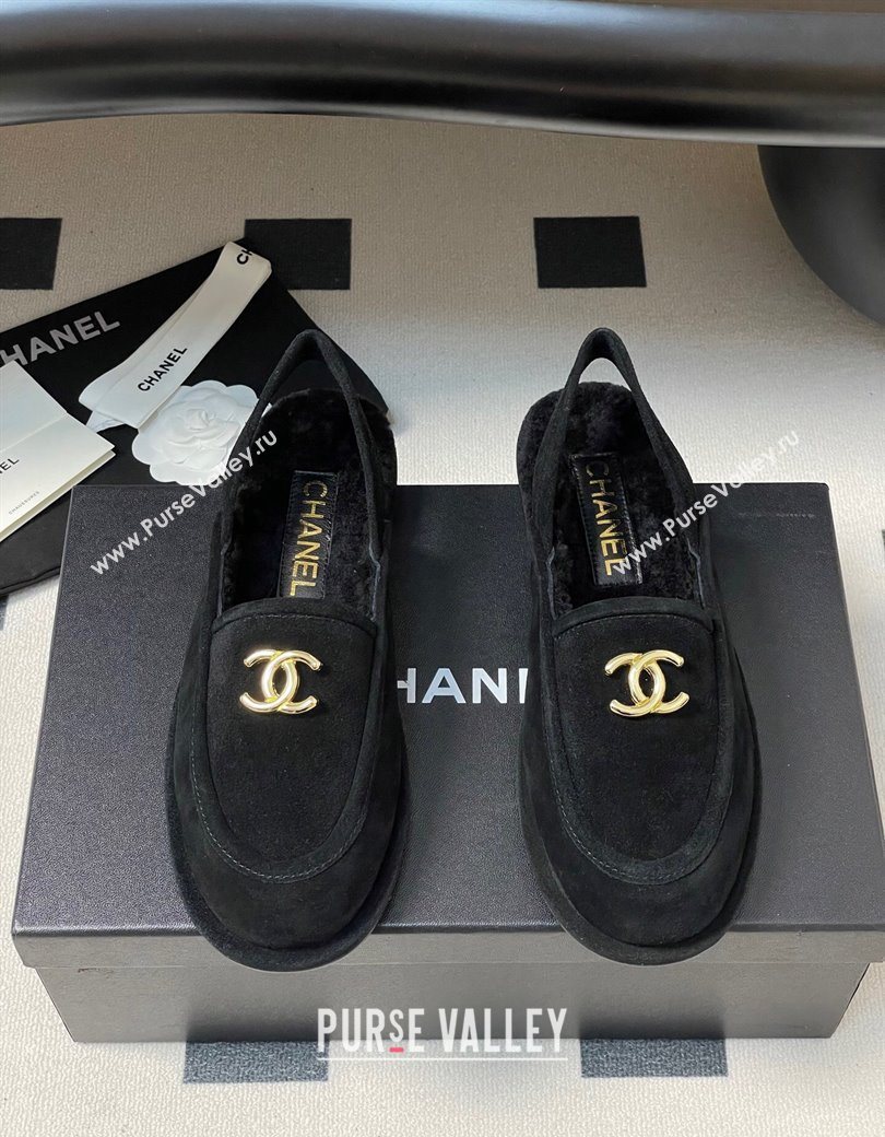 Chanel Suede Shearling Lining Slingback Flat Loafers Black 2025 CH090107 (MD-250901082)