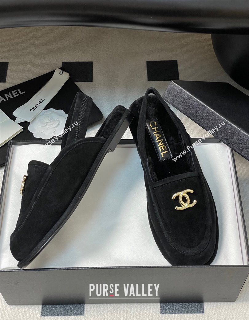 Chanel Suede Shearling Lining Slingback Flat Loafers Black 2025 CH090107 (MD-250901082)