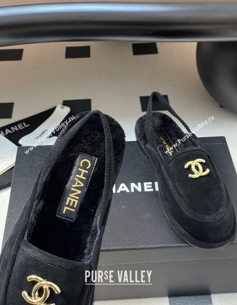 Chanel Suede Shearling Lining Slingback Flat Loafers Black 2025 CH090107 (MD-250901082)
