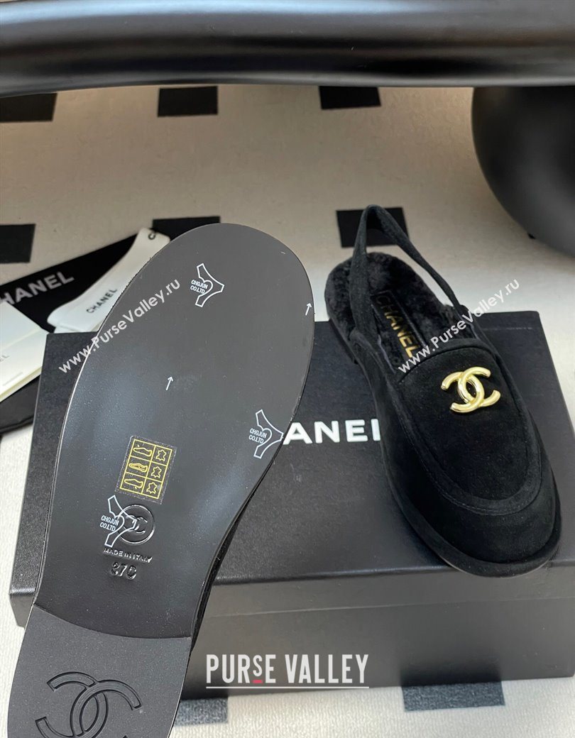Chanel Suede Shearling Lining Slingback Flat Loafers Black 2025 CH090107 (MD-250901082)