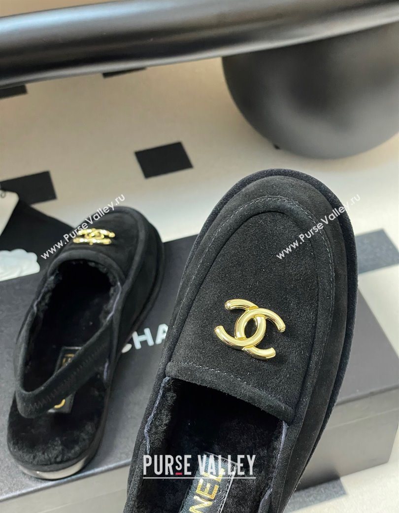 Chanel Suede Shearling Lining Slingback Flat Loafers Black 2025 CH090107 (MD-250901082)