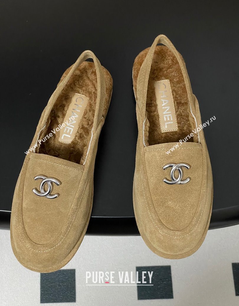 Chanel Suede Shearling Lining Slingback Flat Loafers Beige 2025 CH090107 (MD-250901083)