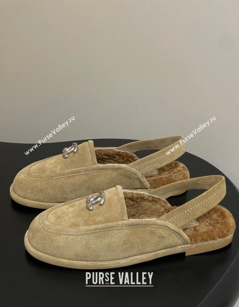 Chanel Suede Shearling Lining Slingback Flat Loafers Beige 2025 CH090107 (MD-250901083)