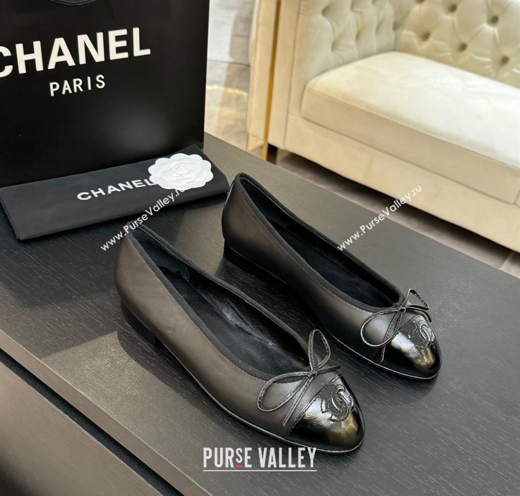 Chanel Classic Lambskin Patent Calfskin Ballet Flats with Bow Black 2025 0901 (MD-250901023)