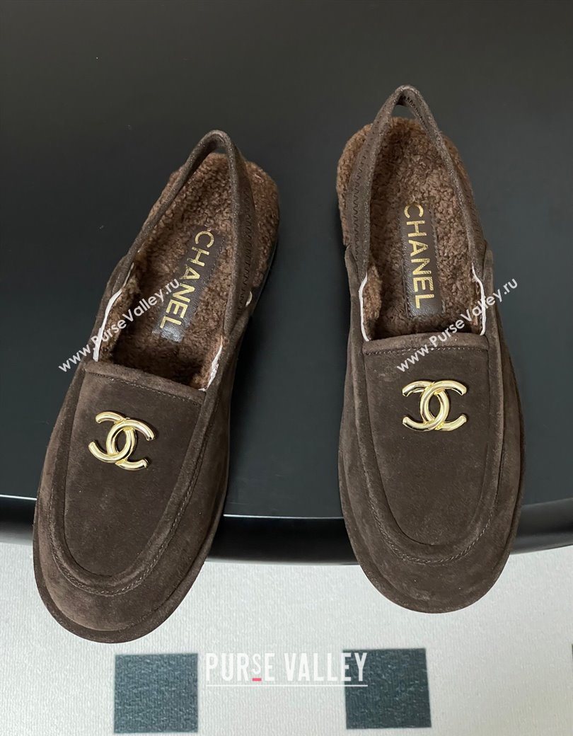 Chanel Suede Shearling Lining Slingback Flat Loafers Brown 2025 CH090107 (MD-250901084)