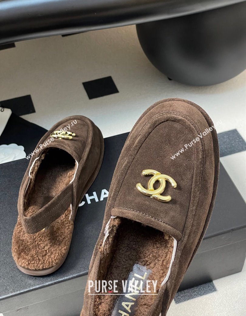 Chanel Suede Shearling Lining Slingback Flat Loafers Brown 2025 CH090107 (MD-250901084)