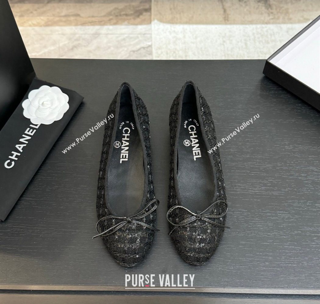 Chanel Classic Tweed Sequins Ballet Flats with Bow Black 2025 0901 (MD-250901024)