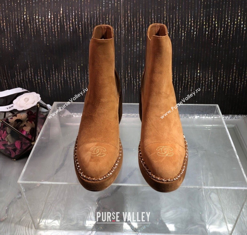 Chanel Calfskin Heel Platform Ankle Boots 7.5cm with Chain Brown 2025 CH083008 (MD-250830046)