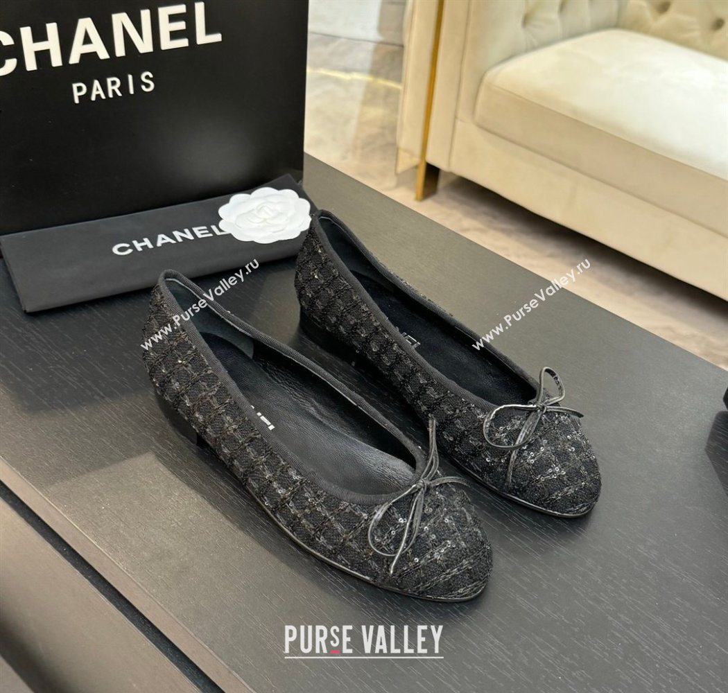 Chanel Classic Tweed Sequins Ballet Flats with Bow Black 2025 0901 (MD-250901024)