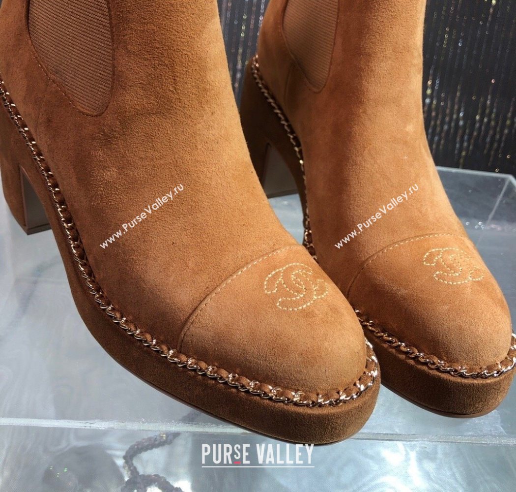 Chanel Calfskin Heel Platform Ankle Boots 7.5cm with Chain Brown 2025 CH083008 (MD-250830046)