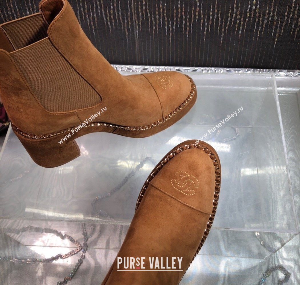 Chanel Calfskin Heel Platform Ankle Boots 7.5cm with Chain Brown 2025 CH083008 (MD-250830046)