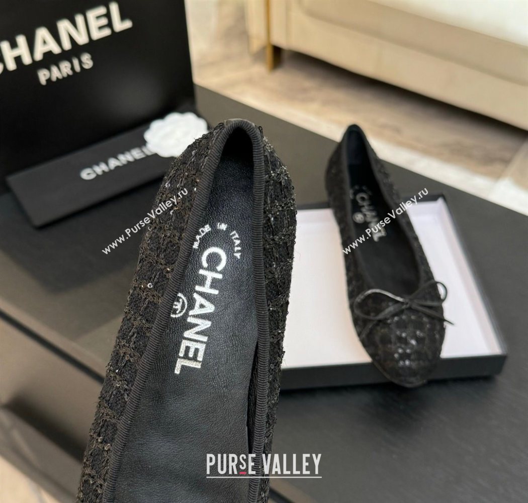 Chanel Classic Tweed Sequins Ballet Flats with Bow Black 2025 0901 (MD-250901024)