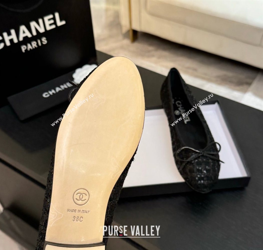 Chanel Classic Tweed Sequins Ballet Flats with Bow Black 2025 0901 (MD-250901024)