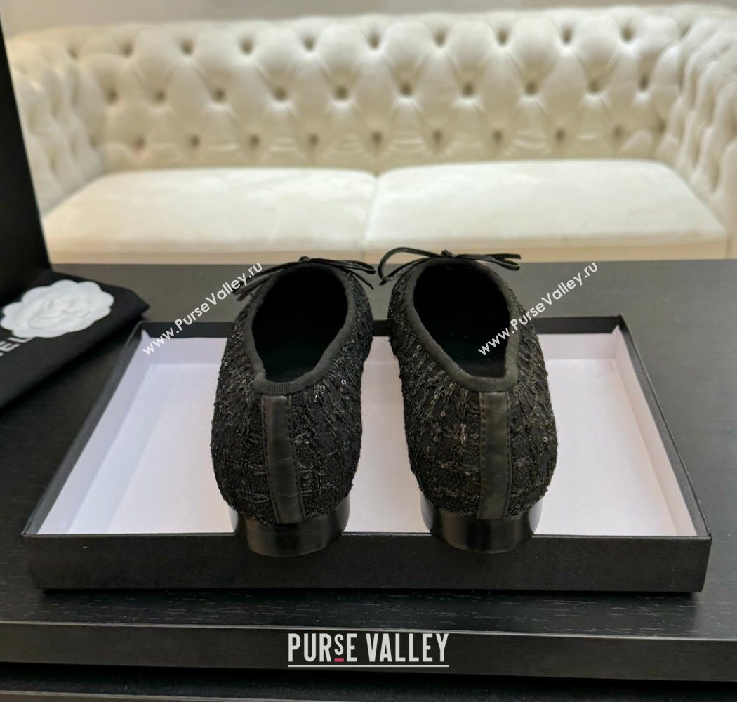 Chanel Classic Tweed Sequins Ballet Flats with Bow Black 2025 0901 (MD-250901024)