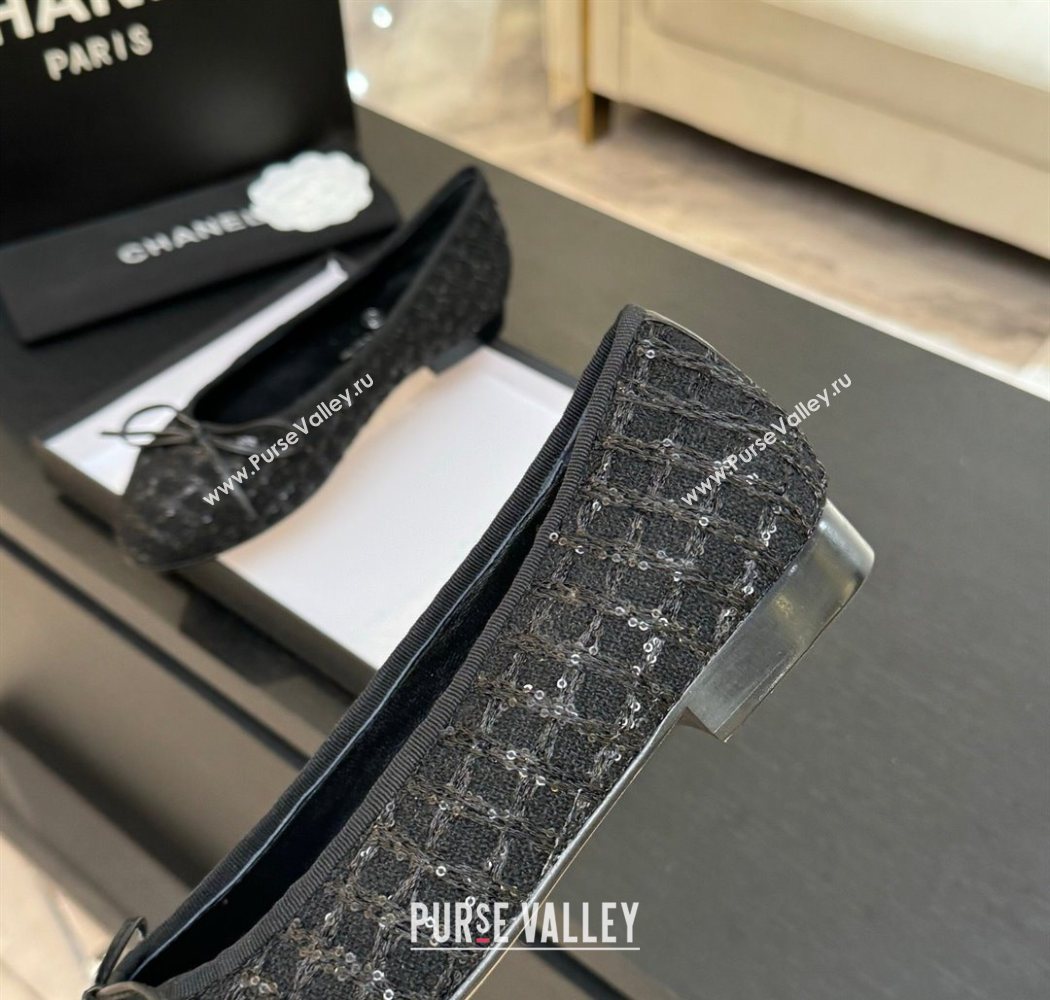 Chanel Classic Tweed Sequins Ballet Flats with Bow Black 2025 0901 (MD-250901024)