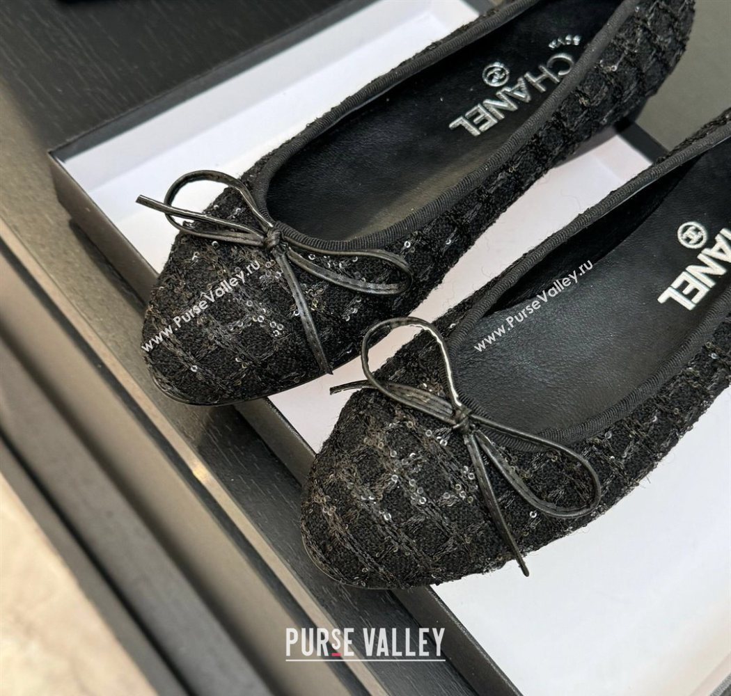 Chanel Classic Tweed Sequins Ballet Flats with Bow Black 2025 0901 (MD-250901024)