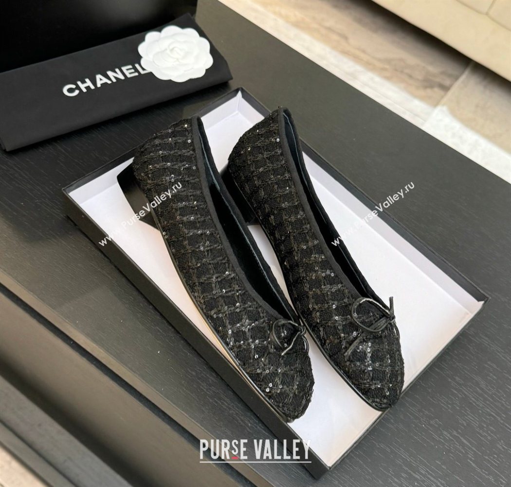 Chanel Classic Tweed Sequins Ballet Flats with Bow Black 2025 0901 (MD-250901024)