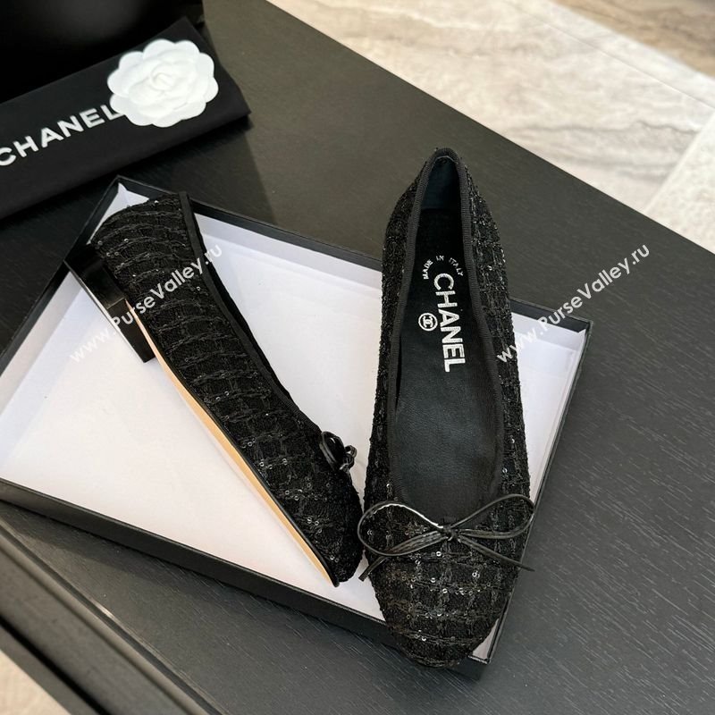 Chanel Classic Tweed Sequins Ballet Flats with Bow Black 2025 0901 (MD-250901024)