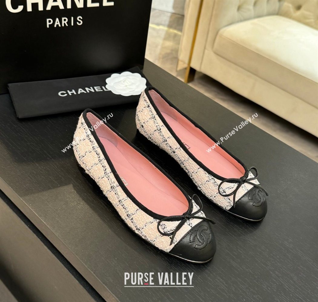 Chanel Classic Tweed Lambskin Leather Ballet Flats with Bow Pink 2025 0901 (MD-250901025)