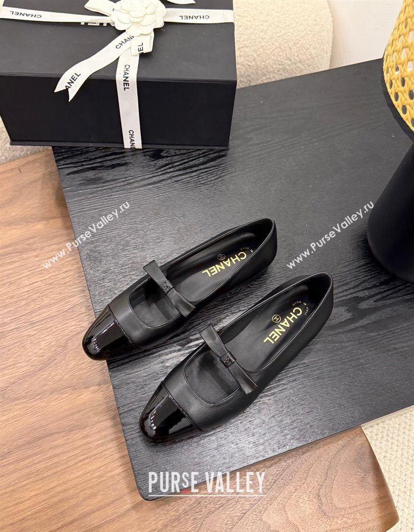 Chanel Lambskin Patent Calfskin Mary Janes Ballet Flats with Bow Black 2025 CH090109 (MD-250901103)