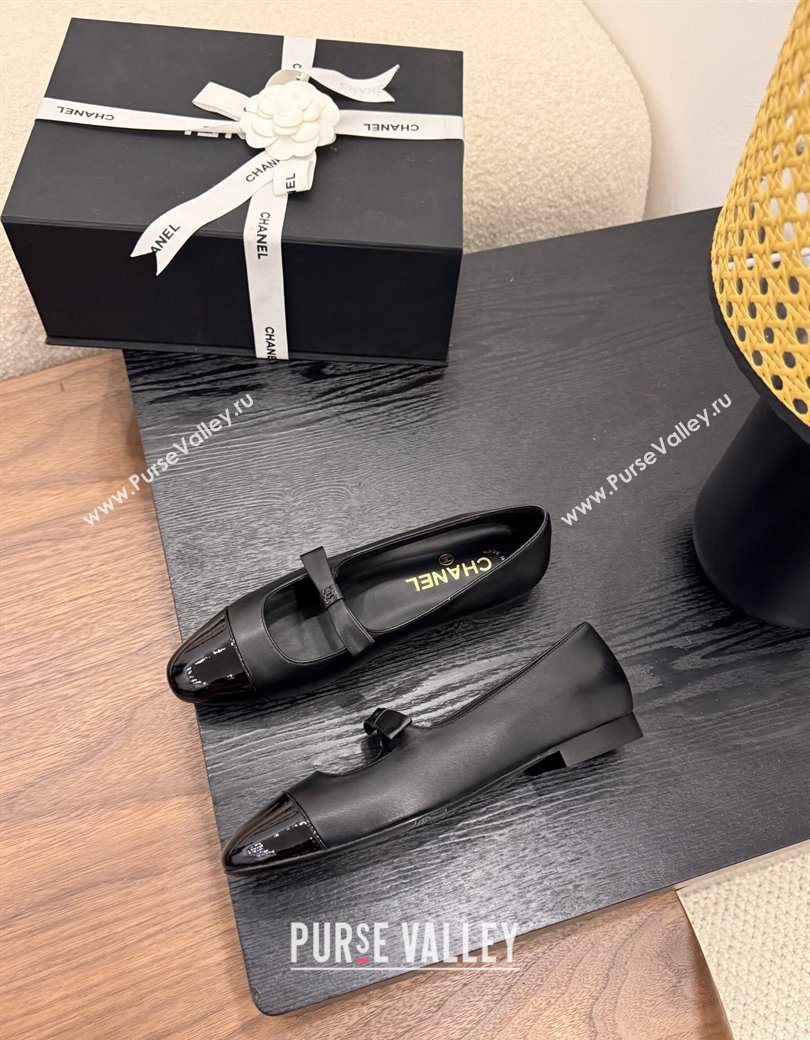 Chanel Lambskin Patent Calfskin Mary Janes Ballet Flats with Bow Black 2025 CH090109 (MD-250901103)