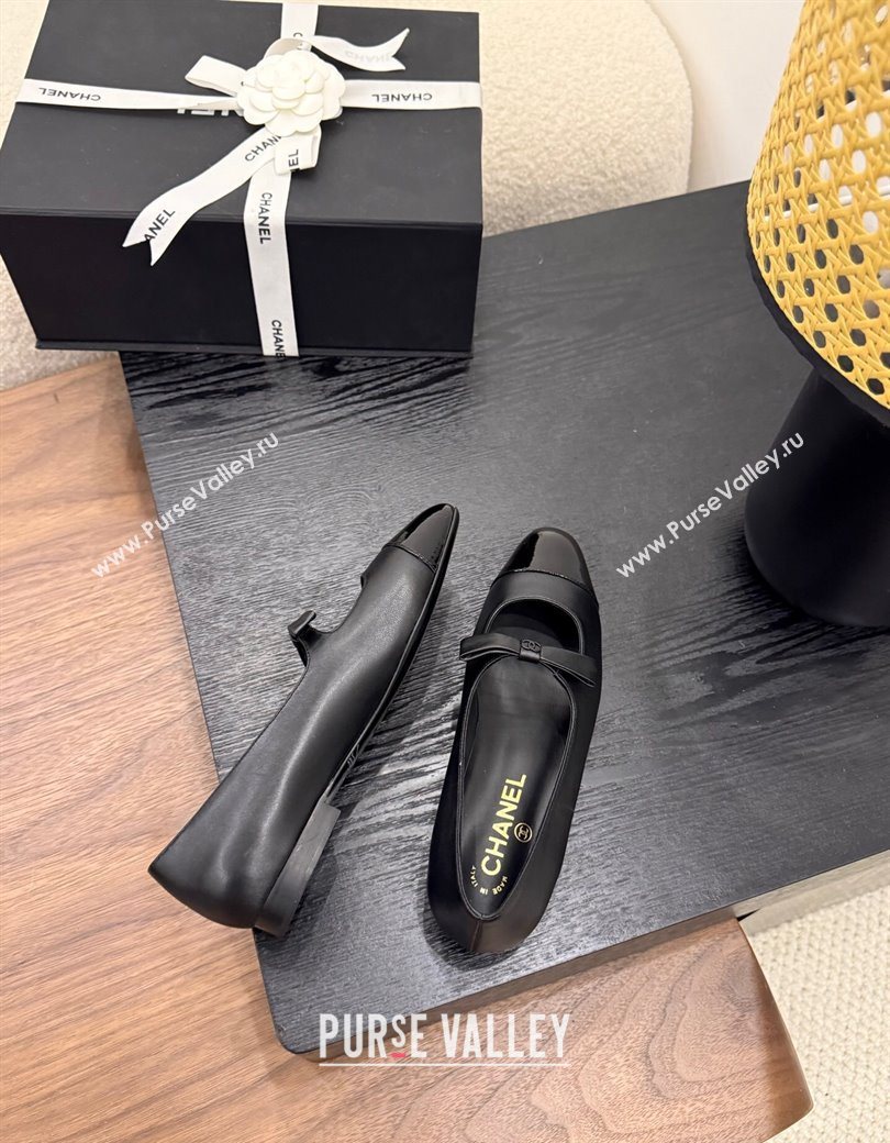 Chanel Lambskin Patent Calfskin Mary Janes Ballet Flats with Bow Black 2025 CH090109 (MD-250901103)
