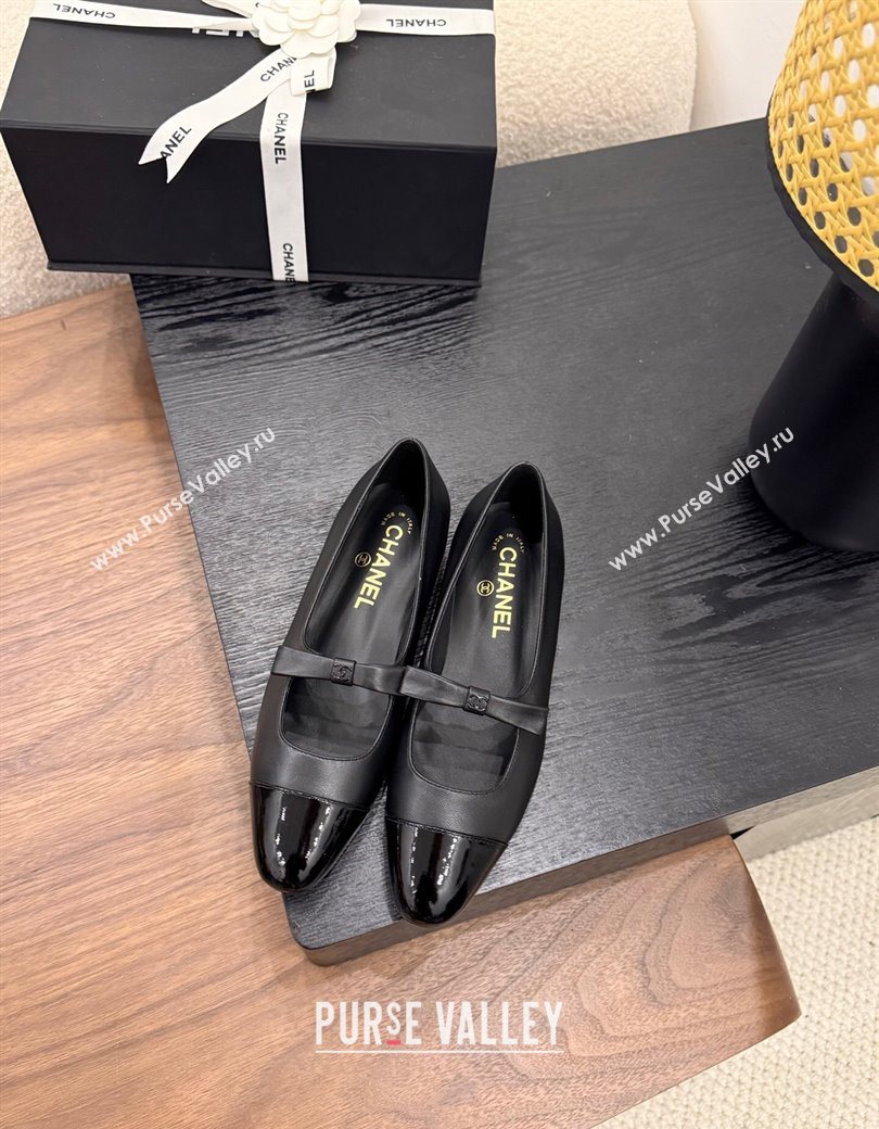 Chanel Lambskin Patent Calfskin Mary Janes Ballet Flats with Bow Black 2025 CH090109 (MD-250901103)