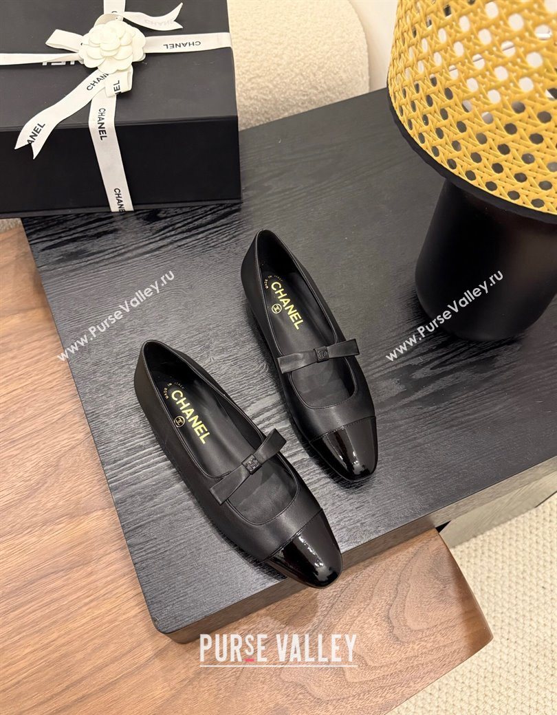 Chanel Lambskin Patent Calfskin Mary Janes Ballet Flats with Bow Black 2025 CH090109 (MD-250901103)