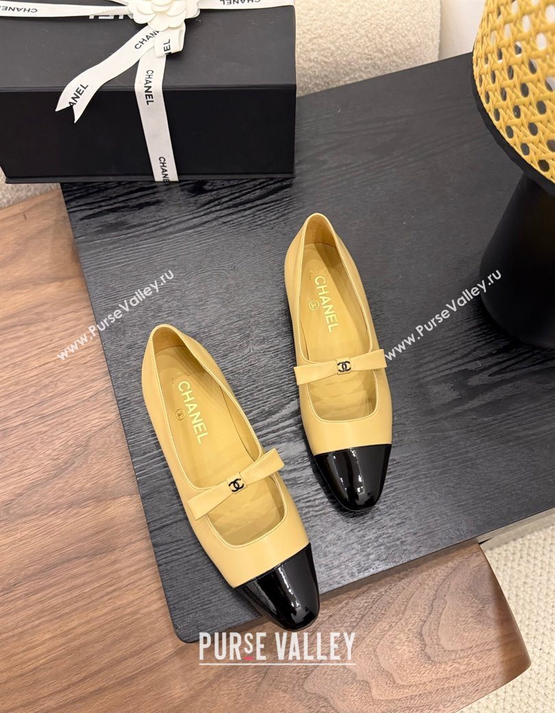 Chanel Lambskin Patent Calfskin Mary Janes Ballet Flats with Bow Beige 2025 CH090109 (MD-250901104)