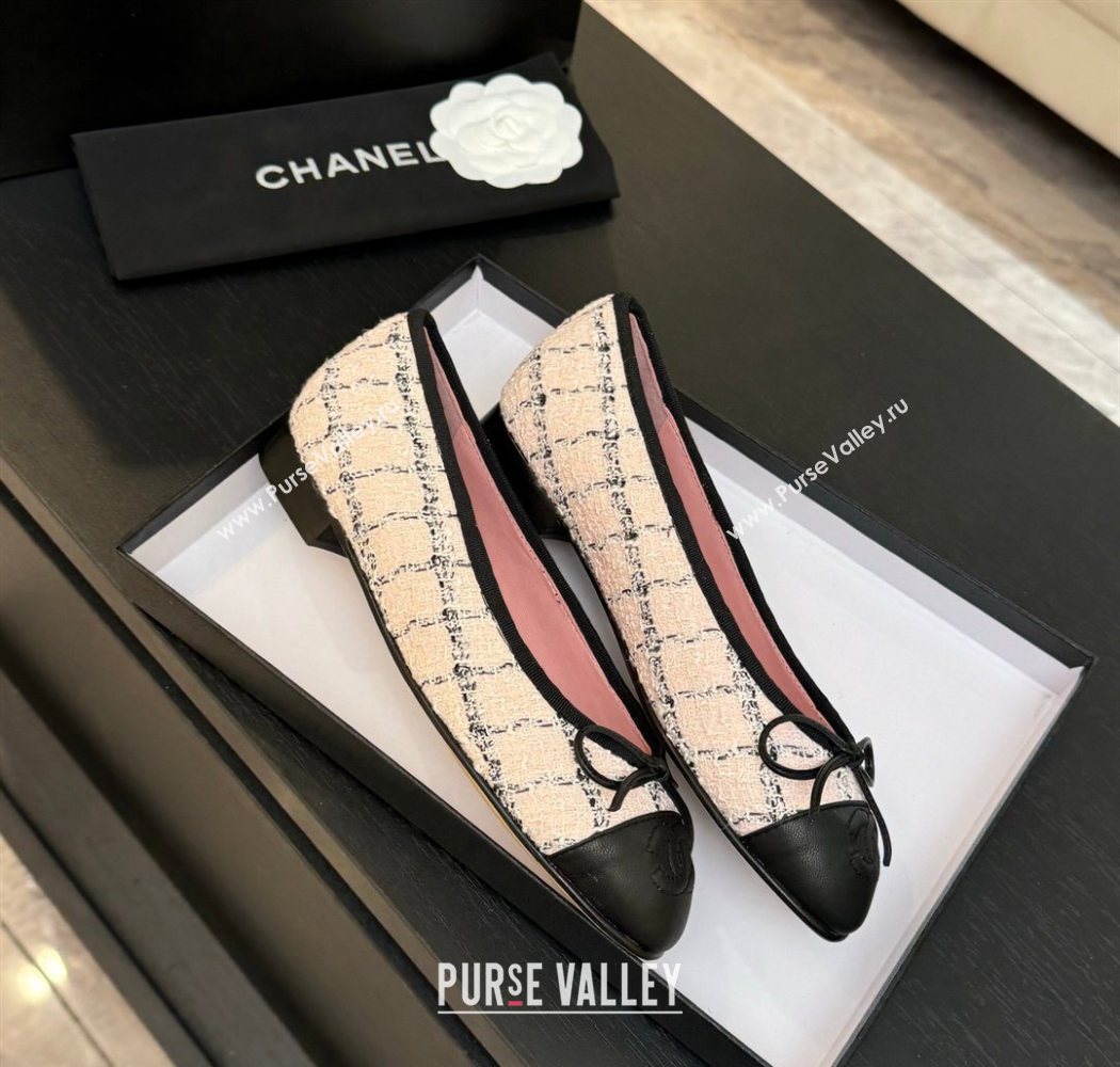 Chanel Classic Tweed Lambskin Leather Ballet Flats with Bow Pink 2025 0901 (MD-250901025)