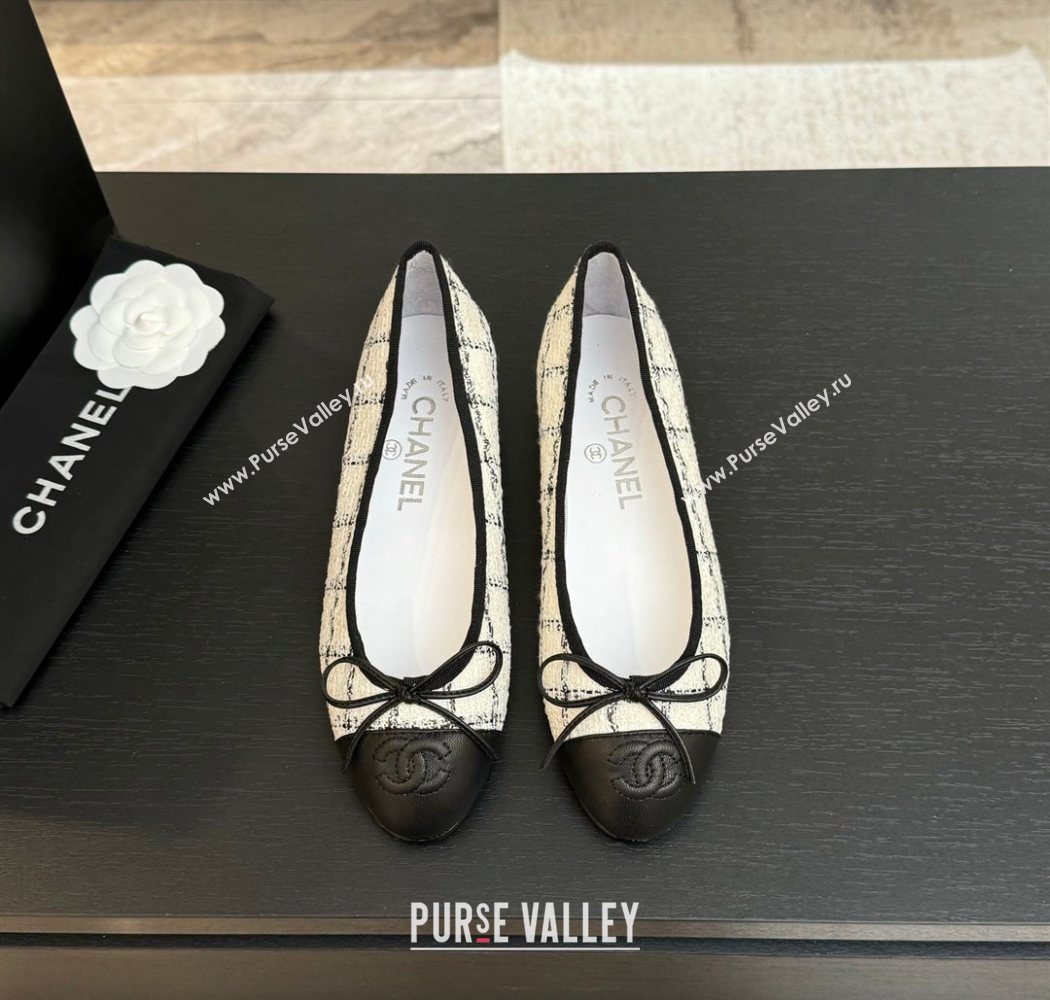 Chanel Classic Tweed Lambskin Leather Ballet Flats with Bow White 2025 0901 (MD-250901026)