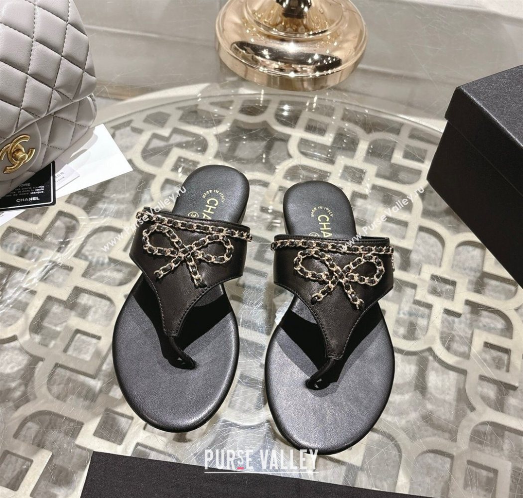 Chanel Lambskin Leather Flat Slides Sandal with Chain Bow Black 2025 CH090110 (MD-250901108)